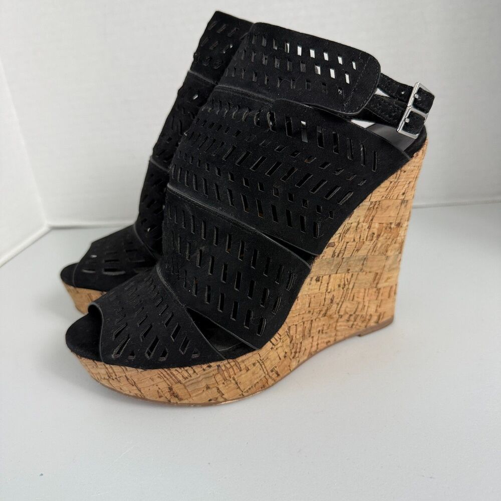 CHARLES by Charles David Women's Wedge Sandals Black Perforated Suede Size 7.5 M